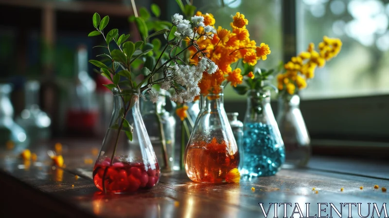 Colorful Still Life with Glass Beakers and Flowers on Wooden Table AI Image