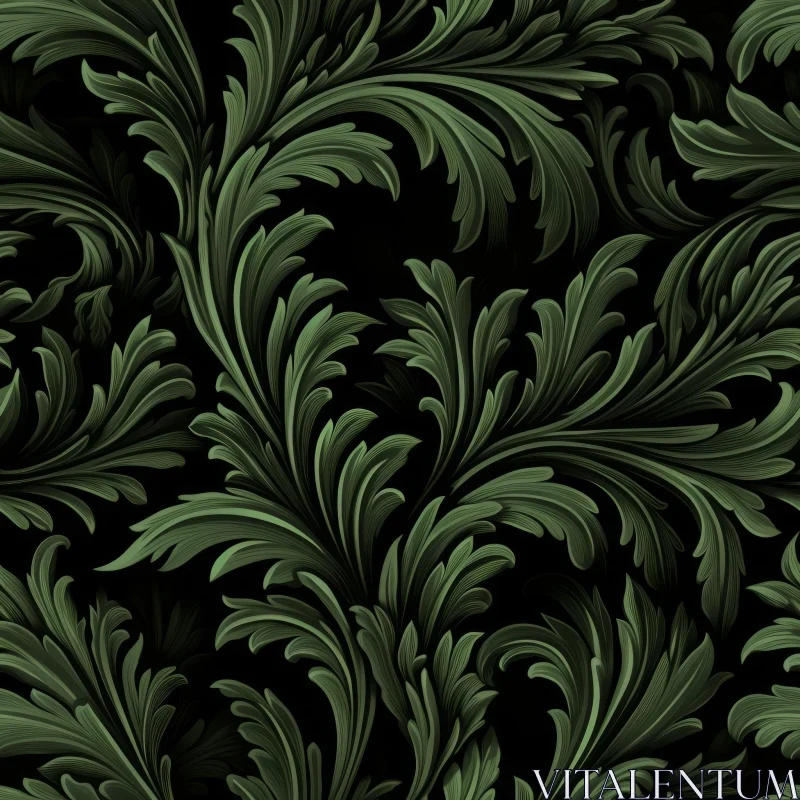 Dark Green Leaves Seamless Pattern on Black Background AI Image