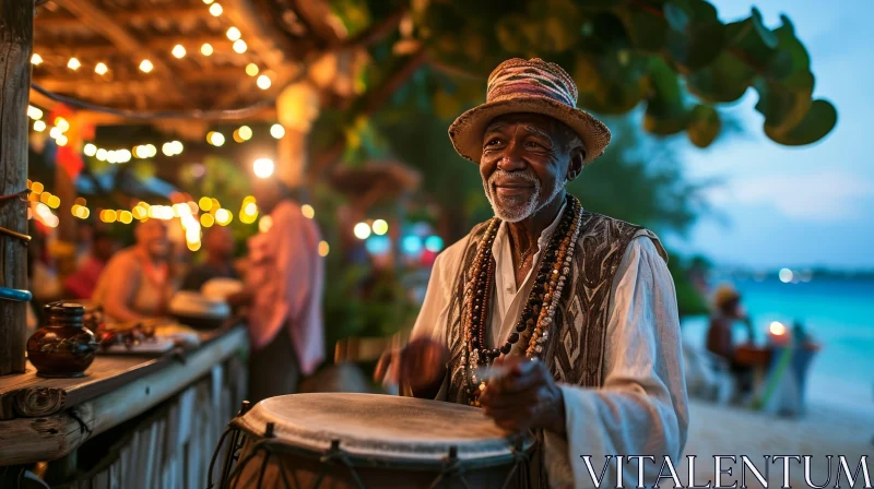 Elderly Man Playing Drum at Beach Bar - Captivating Image AI Image