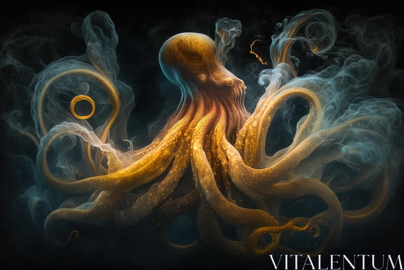 Enigmatic Octopus in Smoke | Digital Art | Dark Cyan and Yellow AI Image