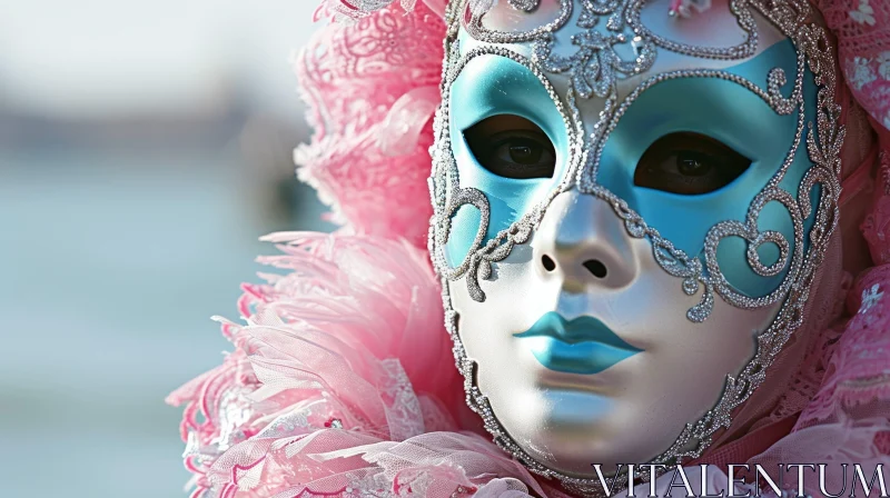 Enigmatic Woman in a Blue and Silver Venetian Mask AI Image