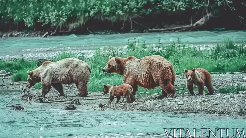 Family of Grizzly Bears Walking Along Riverbank AI Image