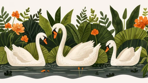 Graceful Swans in Pond - Digital Illustration