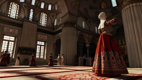 Intricate Tile Work and Traditional Attire: Exploring the Interior of a Turkish Mosque