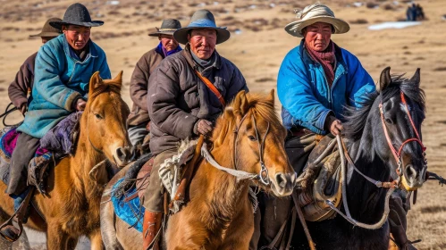 Mongolian Men on Horseback in a Snowy Field