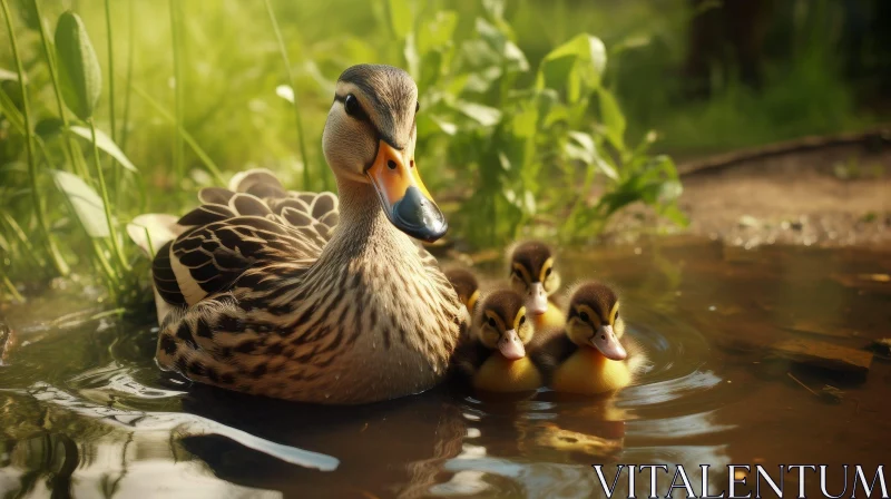 Mother Duck and Ducklings in Natural Pond AI Image