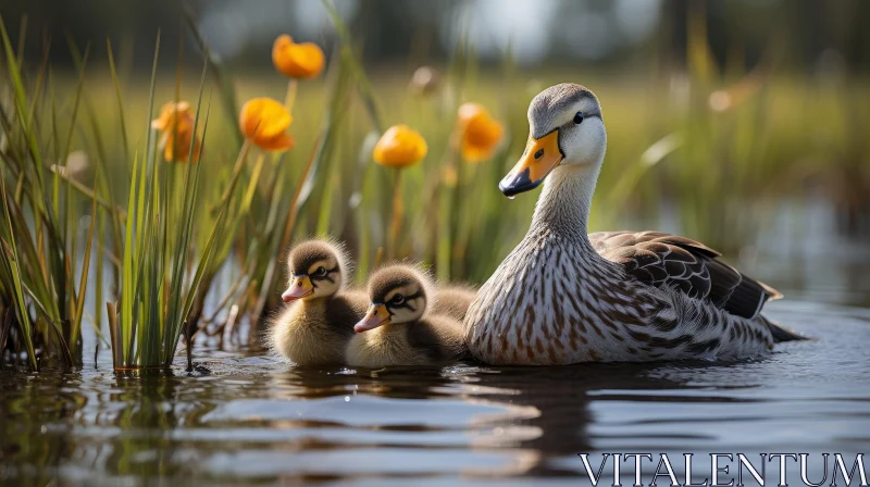 AI ART Mother Duck with Ducklings in a Serene Pond