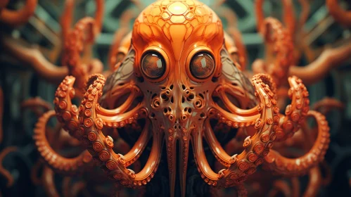Orange Octopus 3D Rendering with Hexagonal Plates