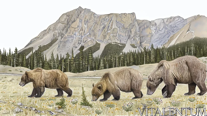 AI ART Realistic Digital Painting of Grizzly Bears in Mountain Meadow