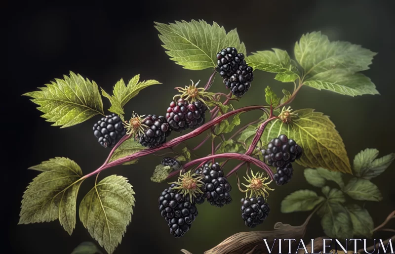 Realistic Hyper-Detailed Blackberry Painting on Branch with Leaves AI Image