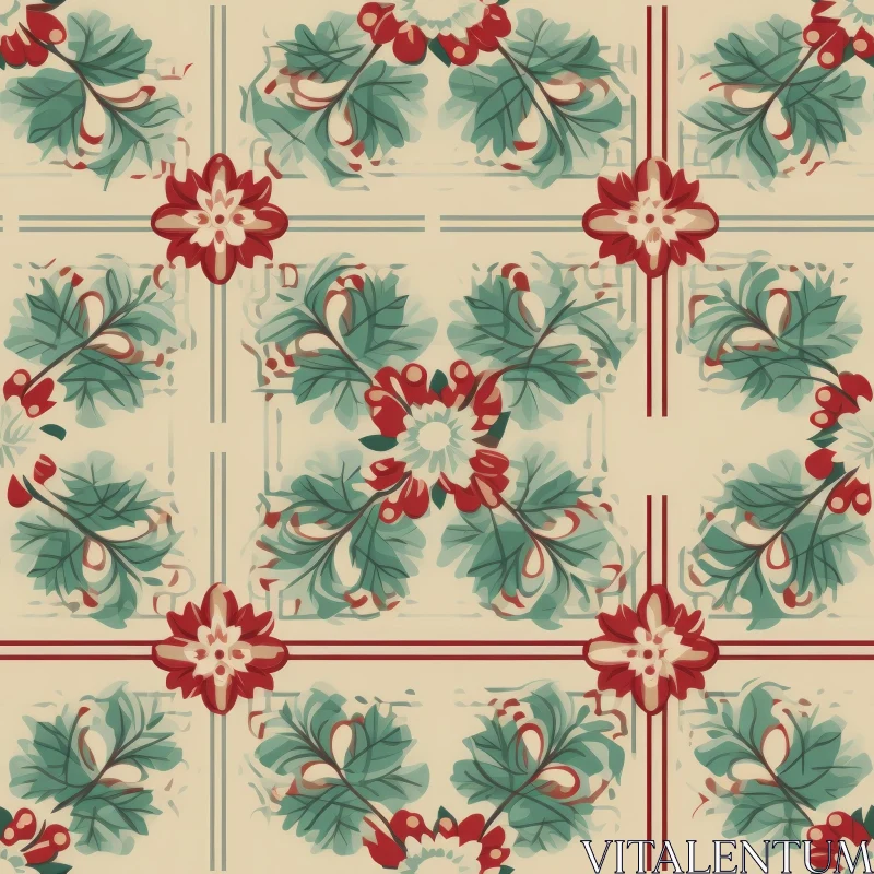 AI ART Red and Green Floral Seamless Pattern on Beige Background