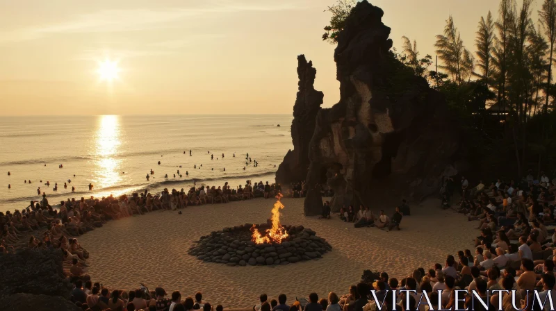 Serene Sunset Beach Bonfire: Gathering of People AI Image