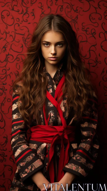 AI ART Serious Woman in Black and Red Kimono