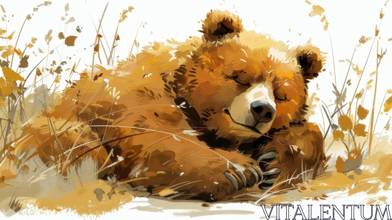 AI ART Sleeping Bear in Grassy Field