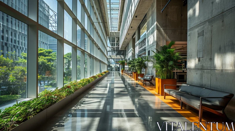 Stunning Architectural Corridor: Sunlit Windows and Concrete Wall AI Image