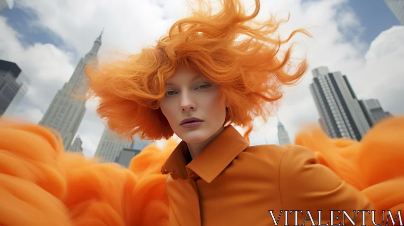 Stylish Woman in Orange Coat Against Cityscape AI Image