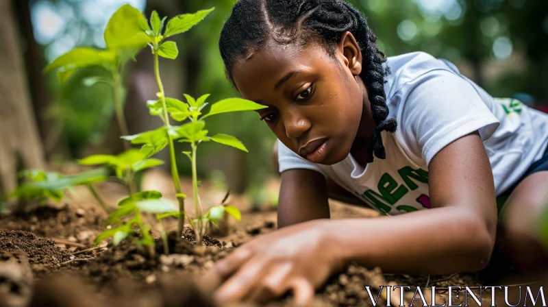 Young African-American Girl Planting Sunflower in Garden AI Image