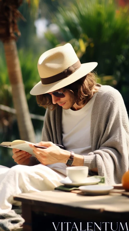 Young Man Reading in Tropical Garden AI Image