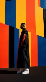 African-American Man Standing in Front of Geometric Mural