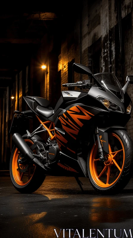 Captivating Black and Orange Motorcycle in a Dark Place AI Image