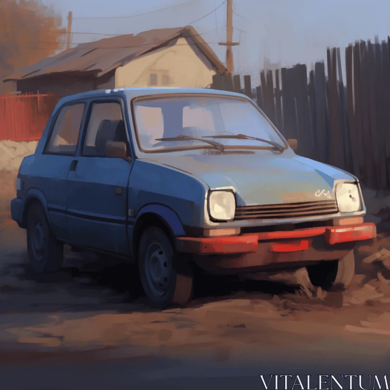 Eerily Realistic Digital Painting of a Small Car on a Dirt Road AI Image