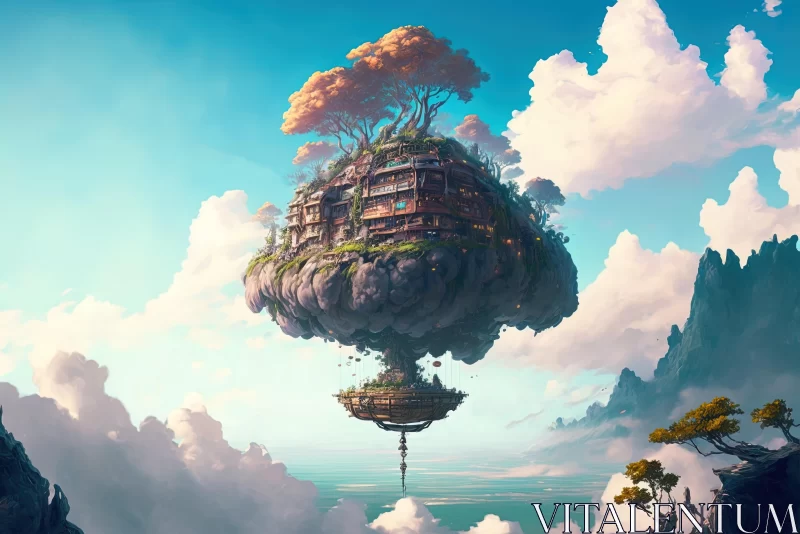 Exotic Fantasy Landscape: House Floating in Cloud Above Trees AI Image