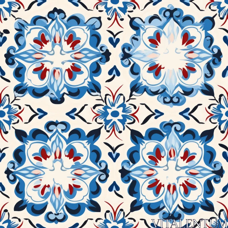 Floral Hand-Painted Tile Pattern in Blue, Red, and White AI Image