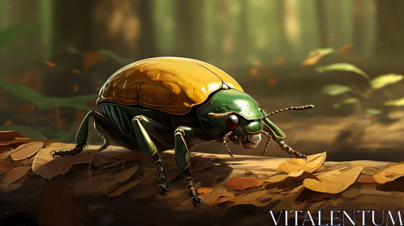 AI ART Green and Yellow Bug on Branch - Digital Painting