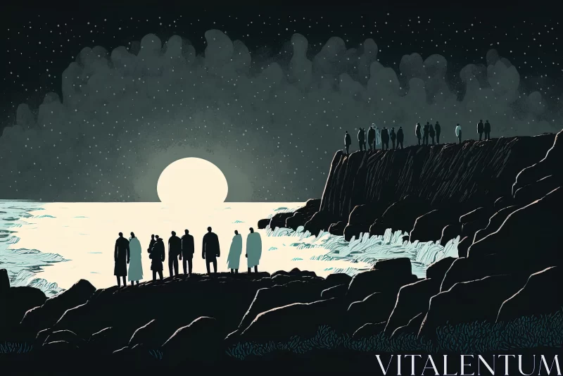 Group of People by the Ocean with Full Moon - Editorial Illustrations AI Image