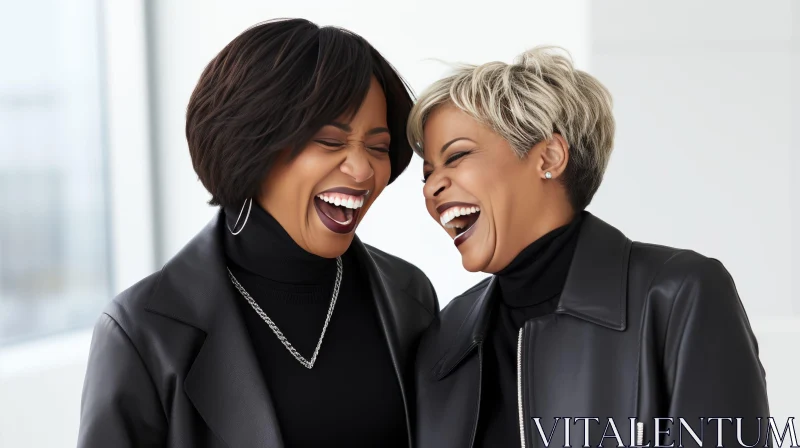 Joyful Women in Black Jackets Laughing - Close-up Photo AI Image