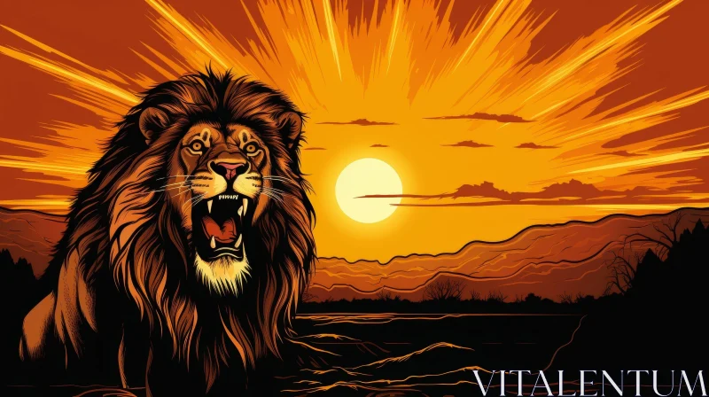 Lion in African Savannah Digital Painting AI Image