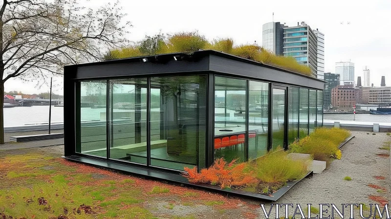 AI ART Modern Glass House with Green Roof Surrounded by Nature
