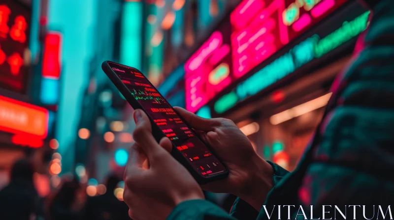Person Holding Smartphone in Busy Street | Stock Market App AI Image