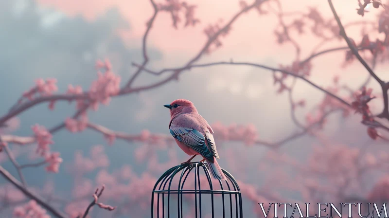 Pink Bird on Cage: Ethereal Mystery and Tranquility AI Image