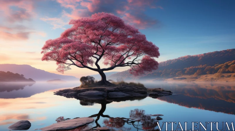 AI ART Pink Tree in Full Bloom on Island in Lake