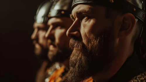 Powerful Portrait of Viking Men in Helmets and Armor