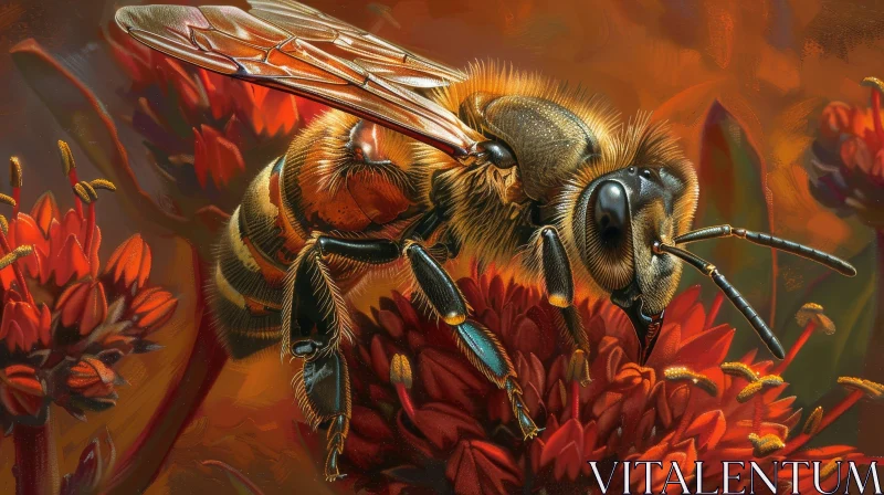 Realistic Honeybee on Red Flower Painting AI Image