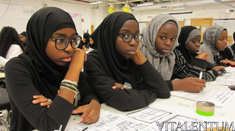Serious Teenage Girls in Hijabs: A Captivating Classroom Moment AI Image