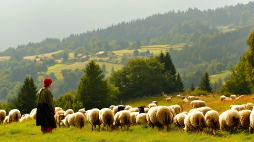 Shepherdess with Sheep on a Hillside - Captivating Nature Image