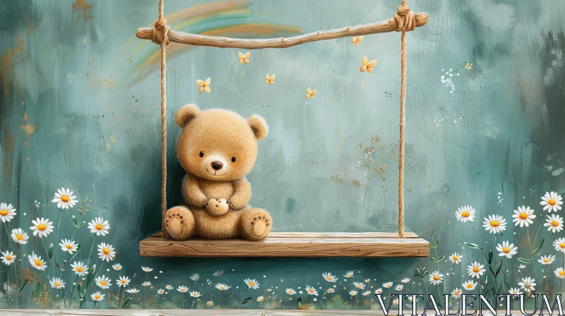 AI ART Teddy Bear on Swing - Digital Painting for Child's Room