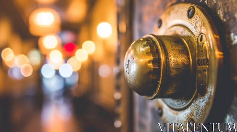 Vintage Brass Doorknob Against Blurry Background of Warm-Colored Lights AI Image
