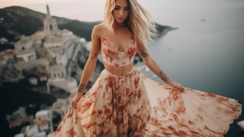 Young Woman in Floral Dress on Cliff with Mountain View
