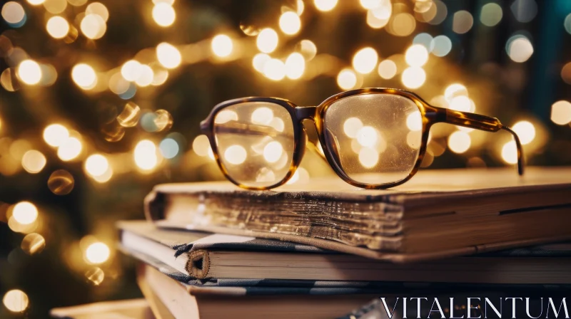 Brown Plastic-Framed Glasses on Stack of Old Books | Cozy Atmosphere AI Image