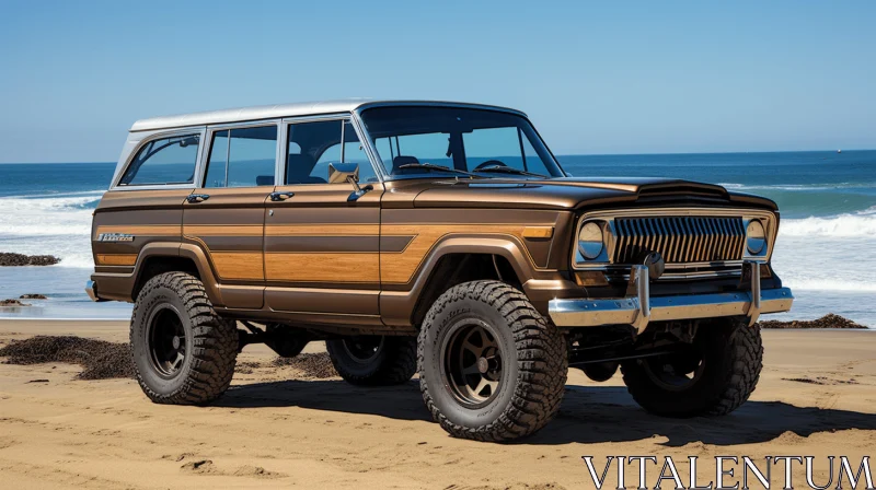 Captivating Brown Jeep Commander on Beach with Intricate Wood Grain Details AI Image