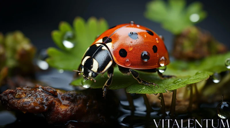 AI ART Detailed Macro Image of Red Ladybug on Wet Green Leaf