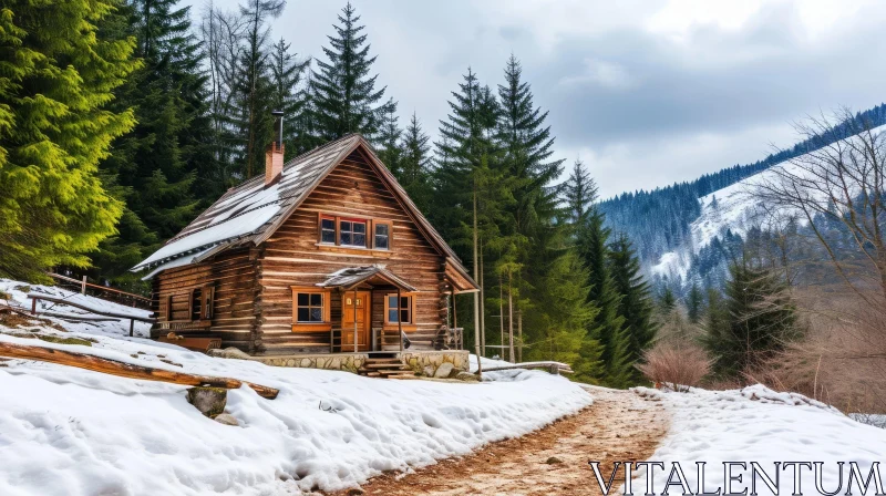 Enchanting Wooden Cabin in the Snowy Mountains AI Image