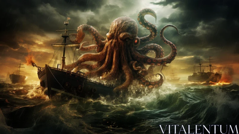 Epic Octopus vs. Ship Digital Painting AI Image