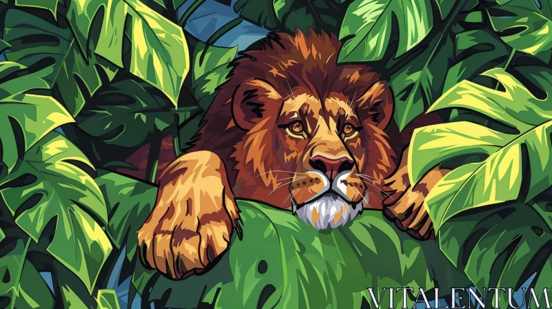 Lion Resting in Lush Jungle - Digital Painting AI Image