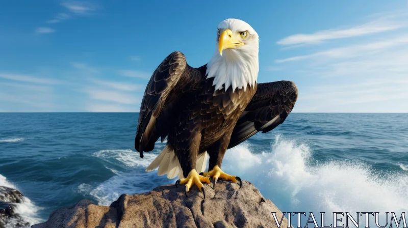Majestic Bald Eagle on Rock in Ocean AI Image