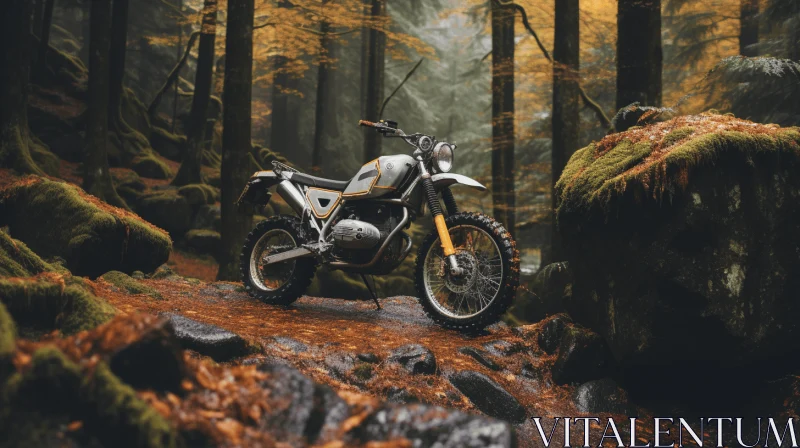 Motorcycle in Autumn Forest: A Captivating Blend of Nature and Industrial Design AI Image